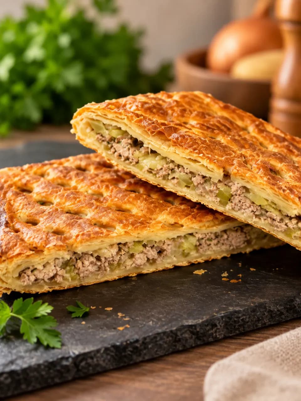 Пирог с мясом — Слойный пирог со свининой и картофелем